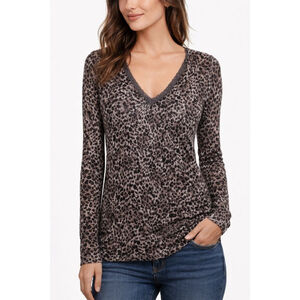 BKE Leopard Print Long Sleeve Top Size L Stretch Animal Print